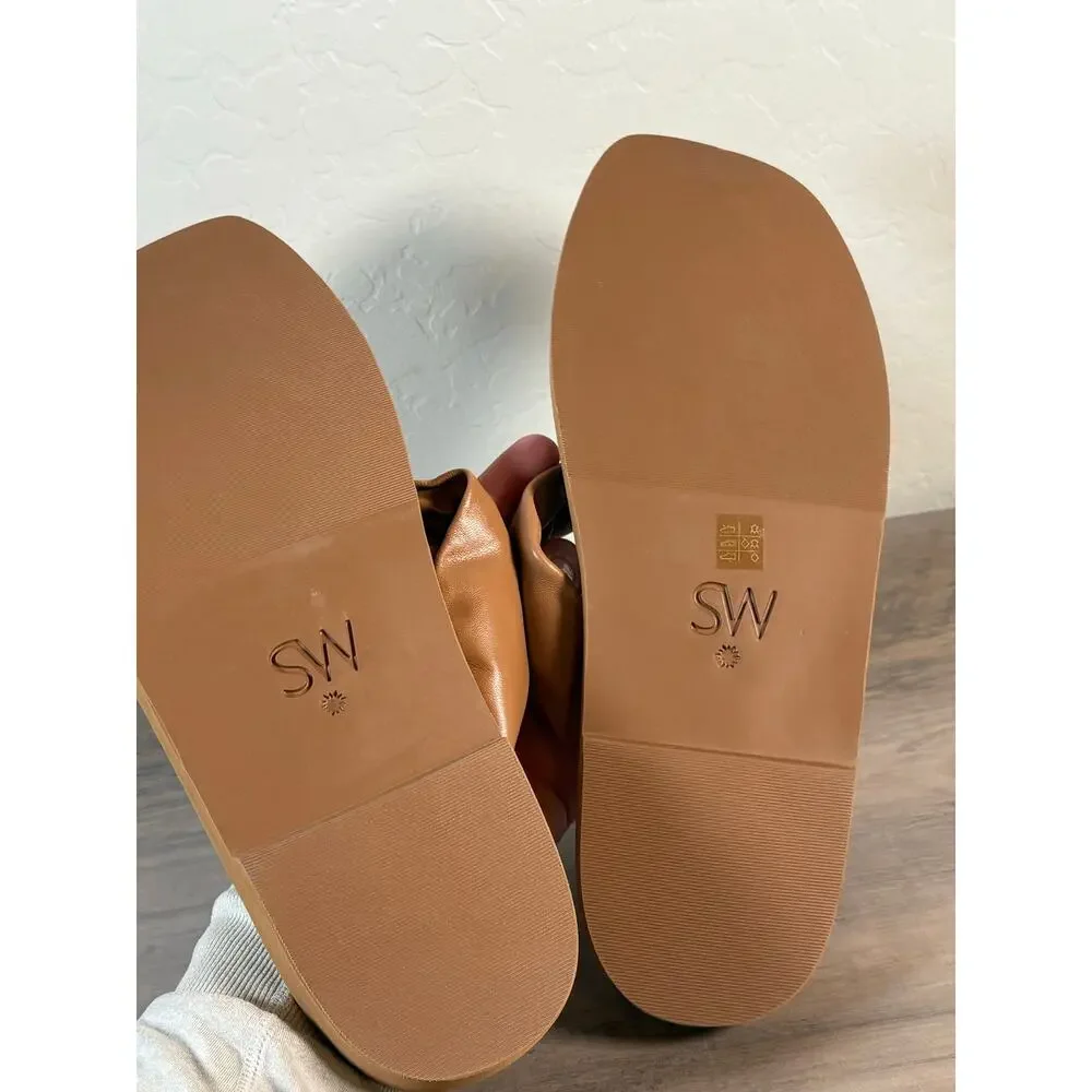 Stuart Weitzman‎ Goldie Knot Tan Leather Square Toe Thong Sandals Womens 10.5B